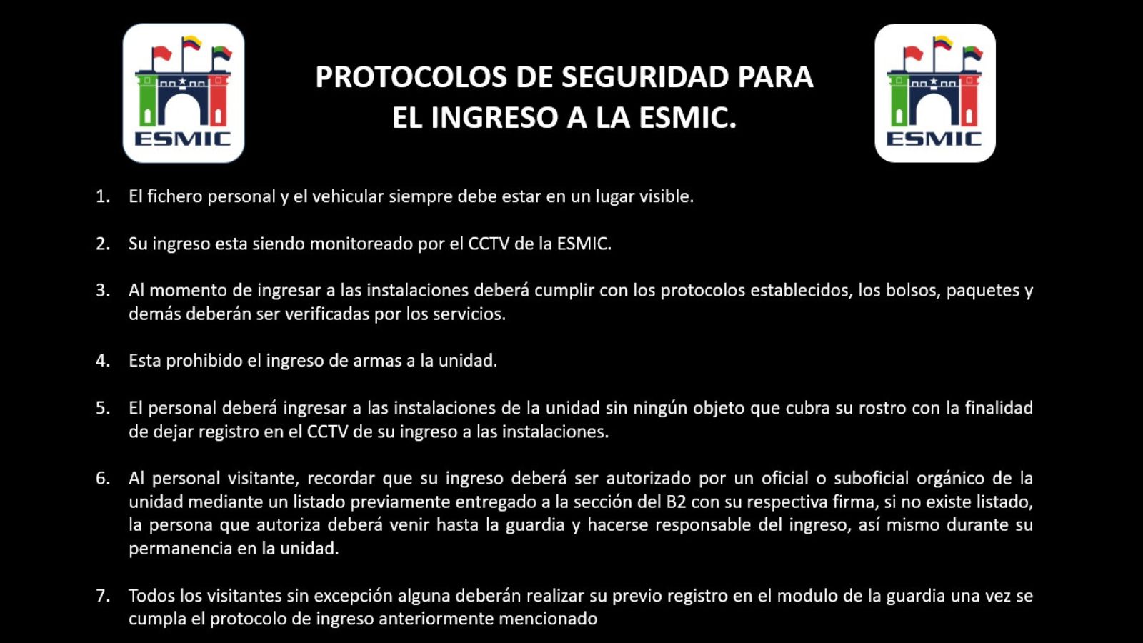 Protocolos de seguridad para el ingreso a la ESMIC